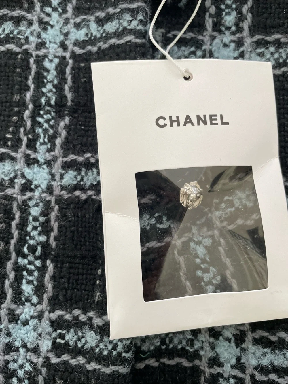 CHANEL Black and Light Blue Plaid Tweed Blazer